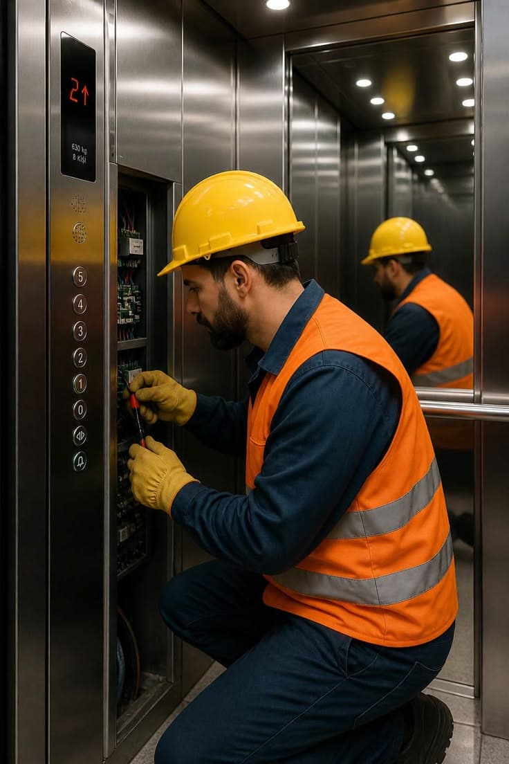 Elevator maintenance technician repairing elevator control panel.