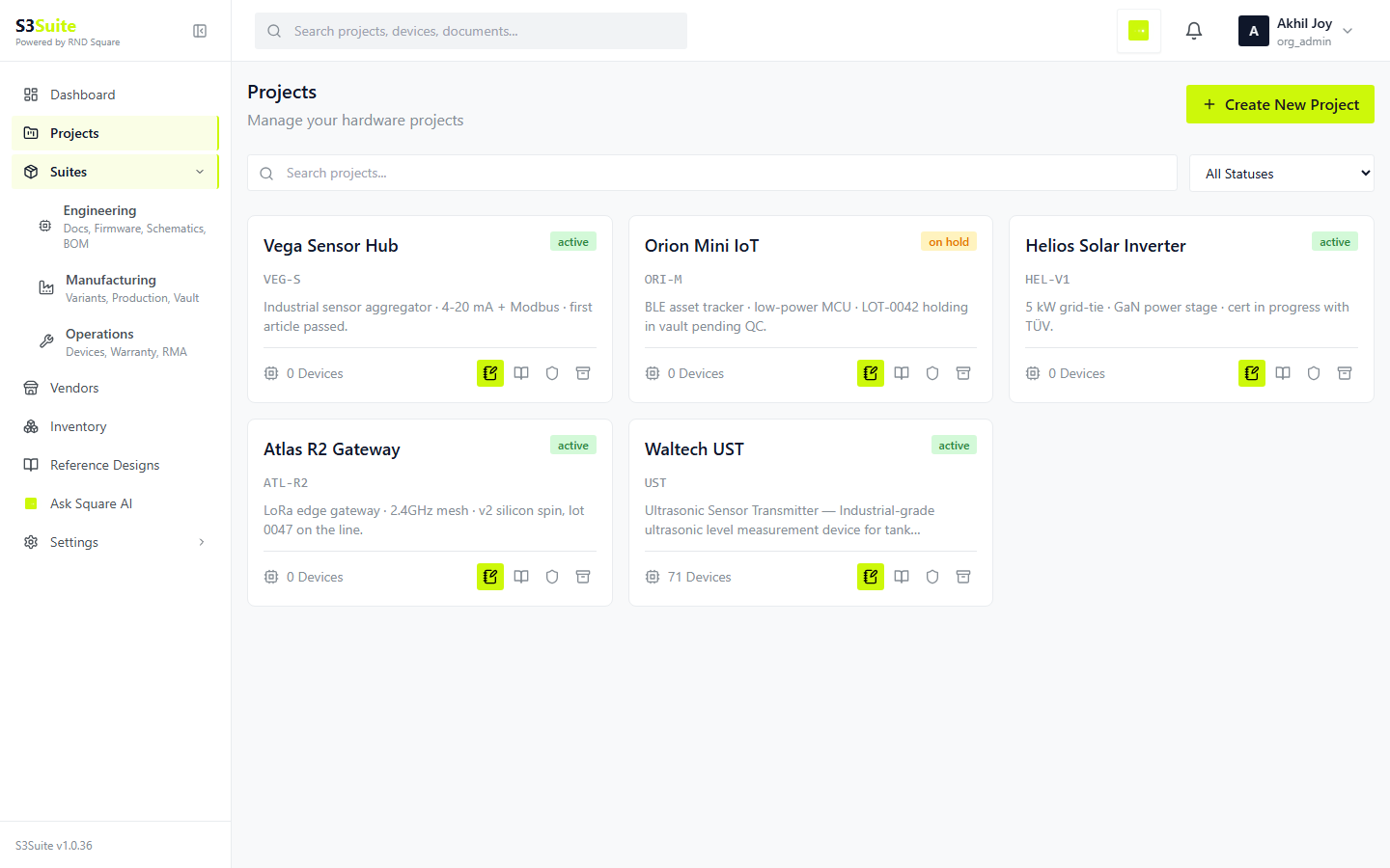 Projects dashboard product screen