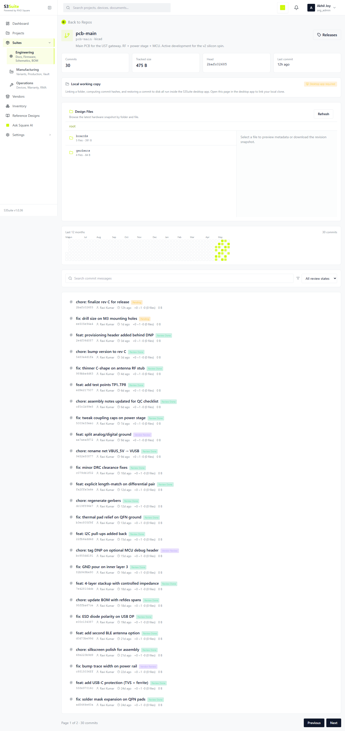 Revision control for hardware files product screen