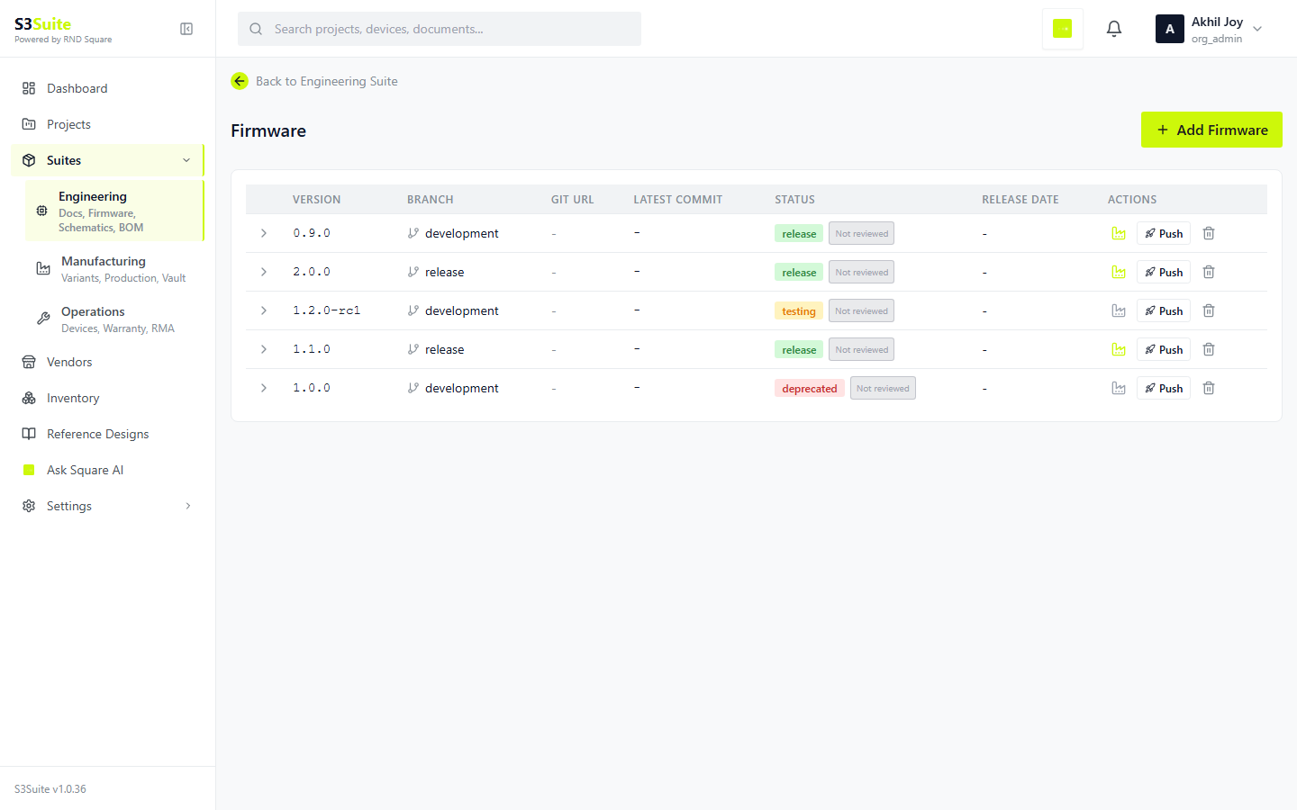 Firmware build list product screen