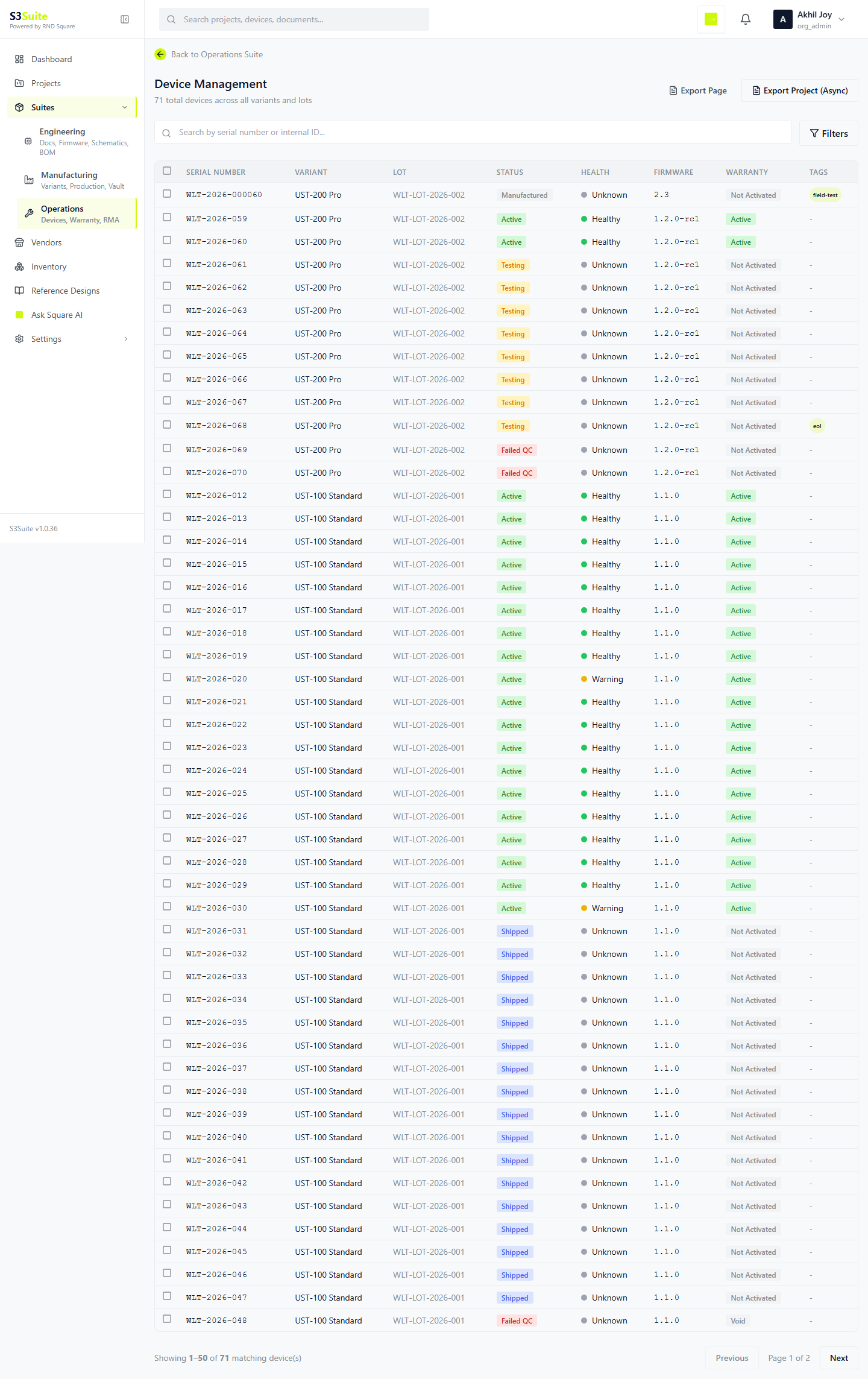 Device operations table product screen