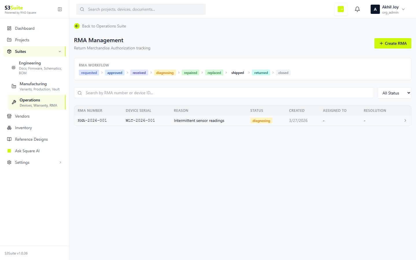 RMA workflow product screen