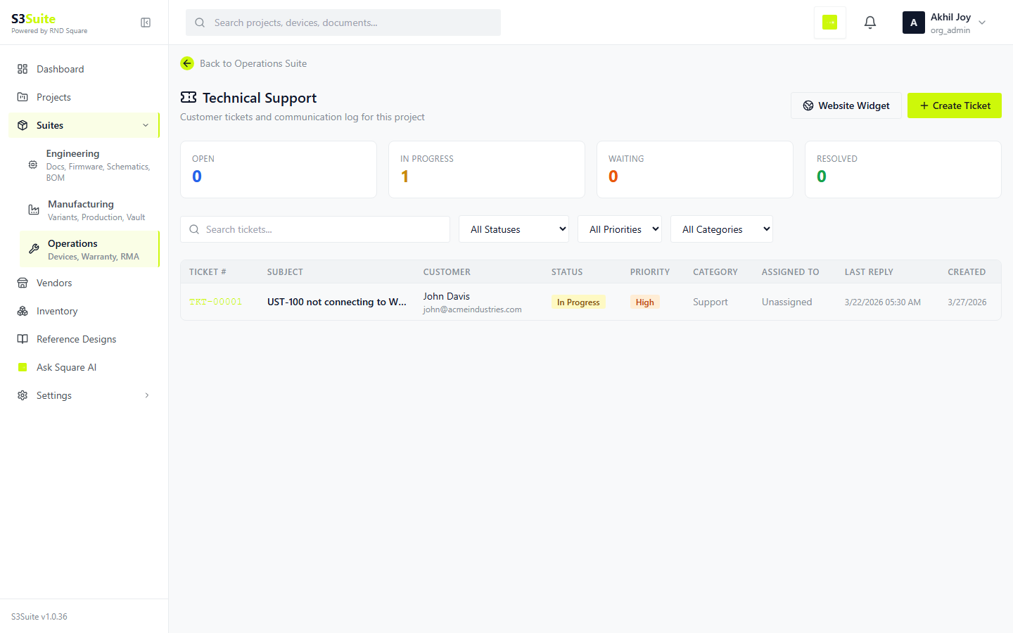 Support tickets product screen